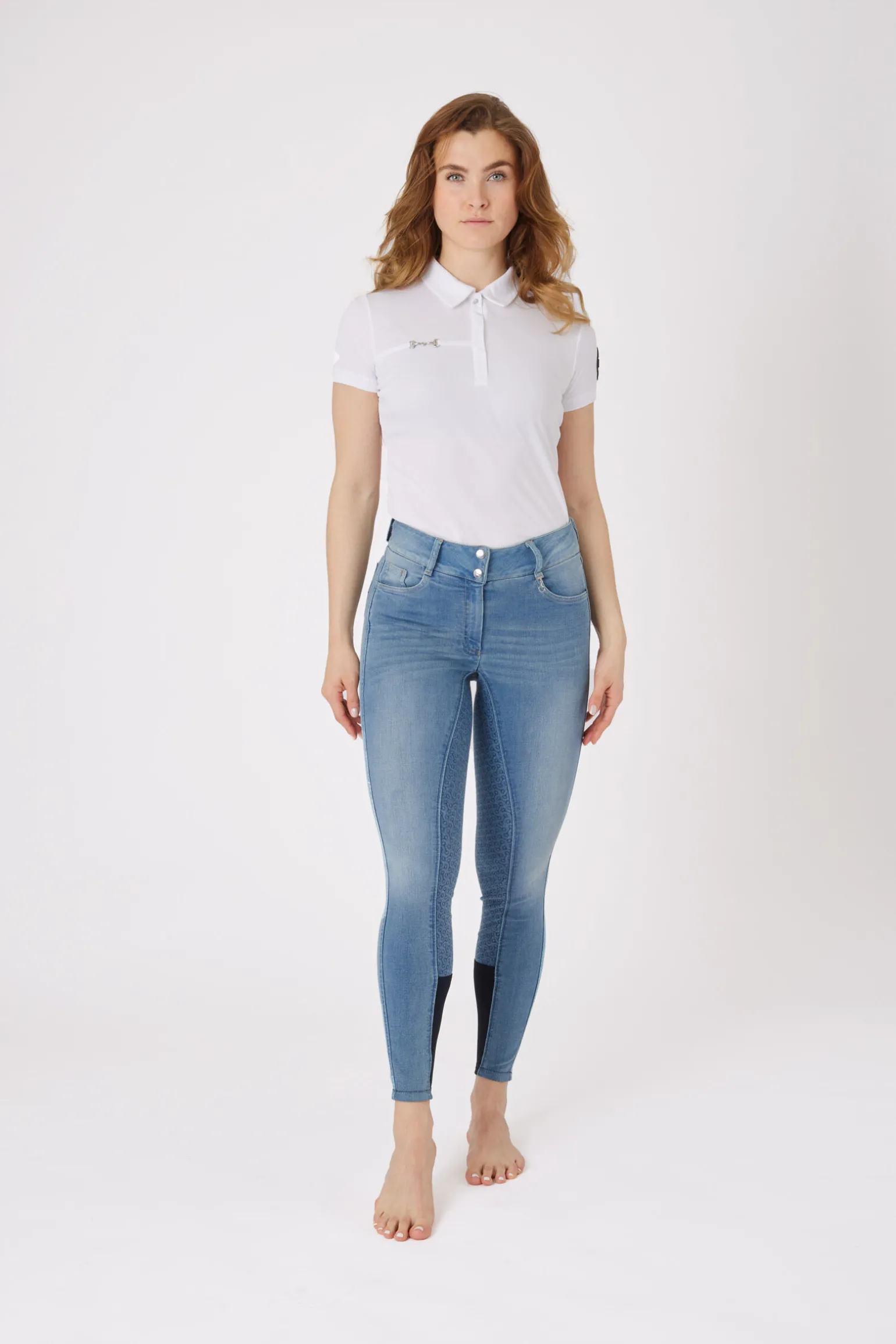 Horze Kaia denim-ridebukser, høyt liv og helforsterket med silikon, dame